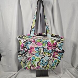 Thirty-One Butterfly boho Canvas Tote Bag Multi-Color Shoulder Bag Pockets